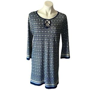 Max Studio Navy Blue Floral Shift Dress With Bell Sleeves Size Medium